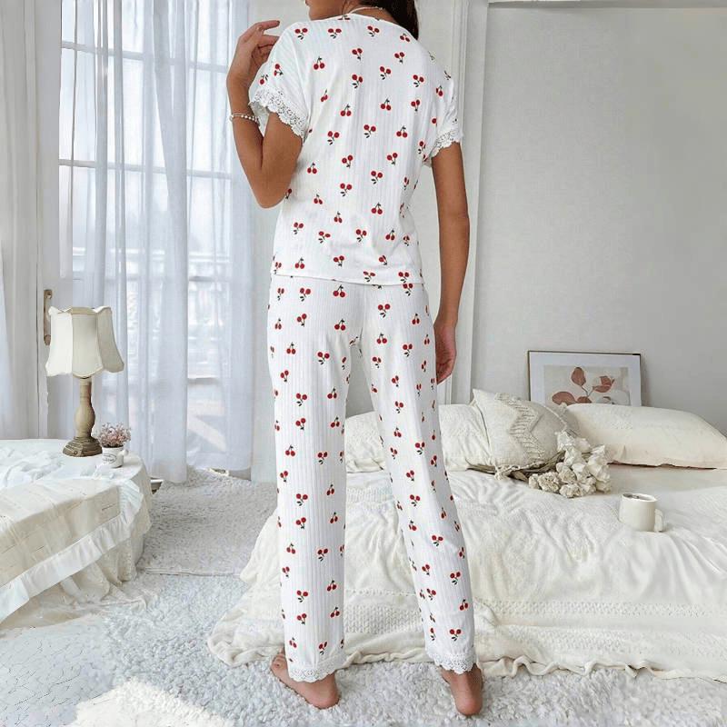 Cherry Print Lace Short Sleeve Pajama Set for Women