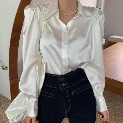 Korean Puff Sleeve Loose Satin Button Lapel Shirt  Elegant Women Shirt Tops White  Chic Women Blouse Blusas Mujer 12635