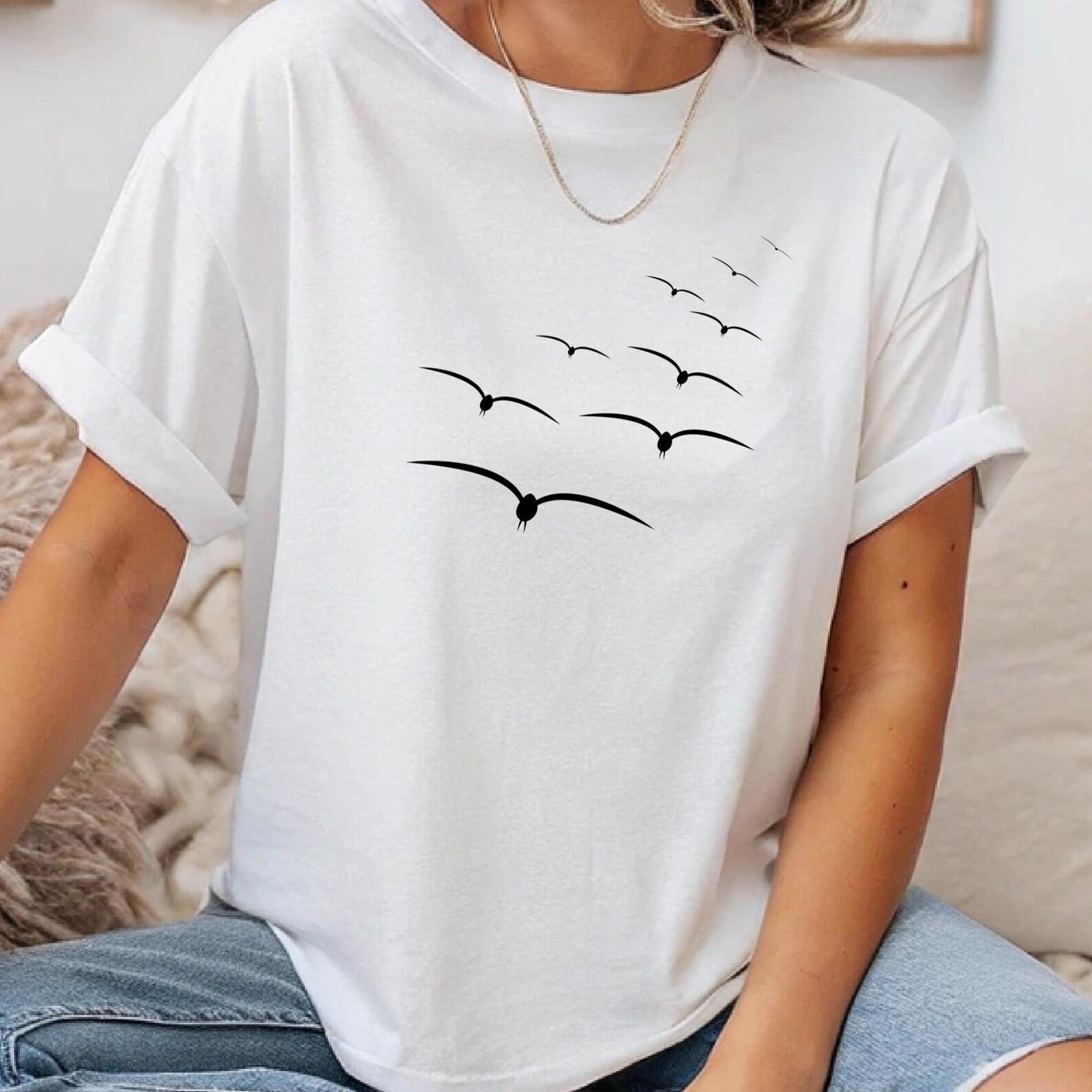 Minimalist Flying Birds T-Shirt, Nature Lover Graphic Tee, Shirt For Bird Watcher, Outdoor Shirt S