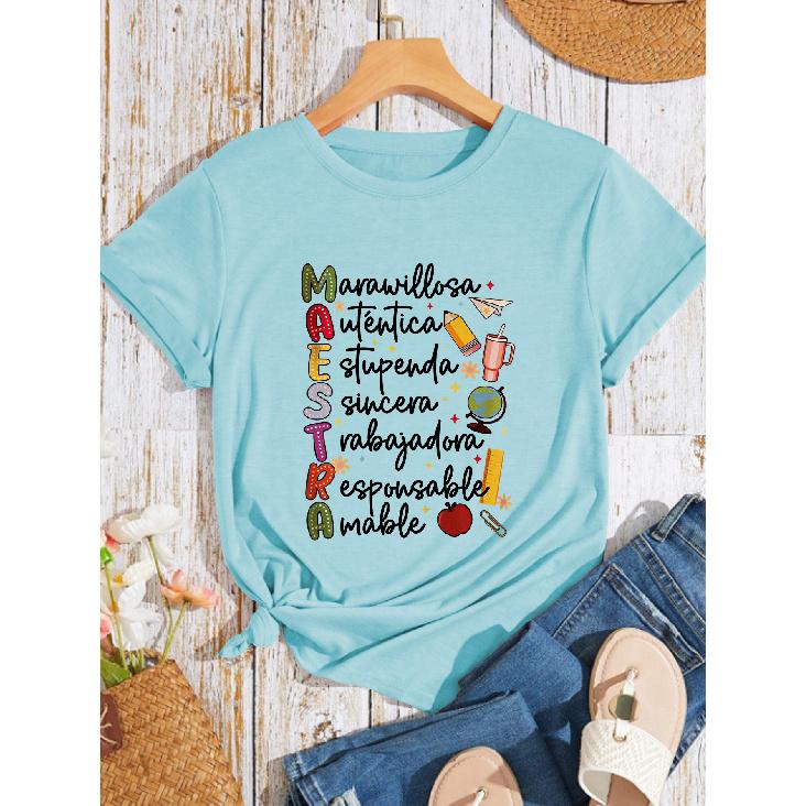 Minimalist and Unique Summer Women's Fashion New Arrivals Maestra Teacher's fun word print top, round neck, everyday casual fashion, vintage