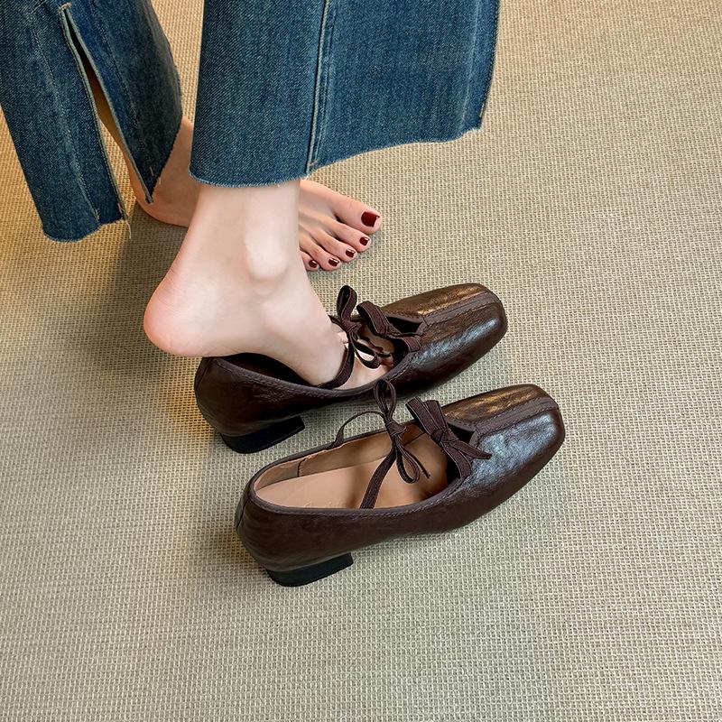 Square Head Retro Bow Mary Jane Shoes Women's Light Mouth Low Heel French Ballet Single Shoes Women
