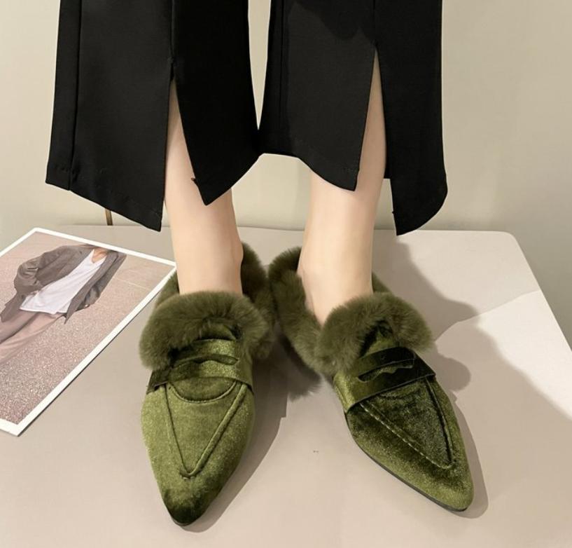 

Модные меховые женские балетки, хлопковые ботинки с острым носком, замшевая теплая обувь, дизайнерские зимние ботинки, короткий плюш для ходьбы, сексуальная женская обувь 37 зелёный