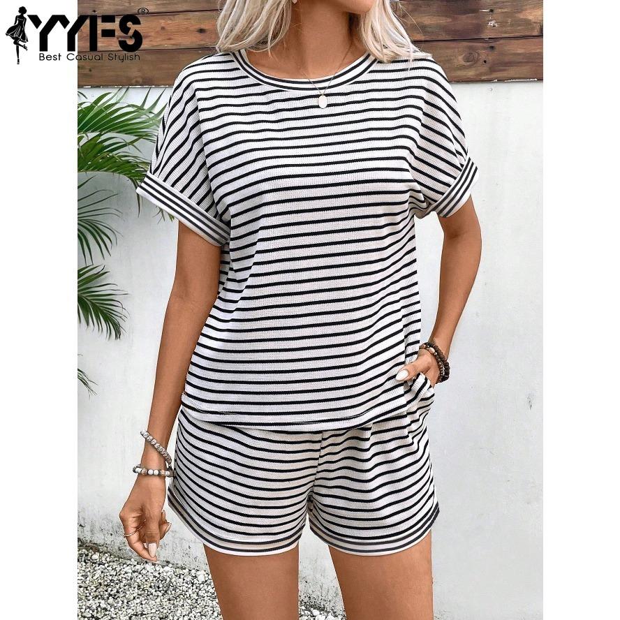 YYFS Pantaloni da donna alla moda casual, estivi e primaverili, con stampa a righe, a maniche corte e scollo a V