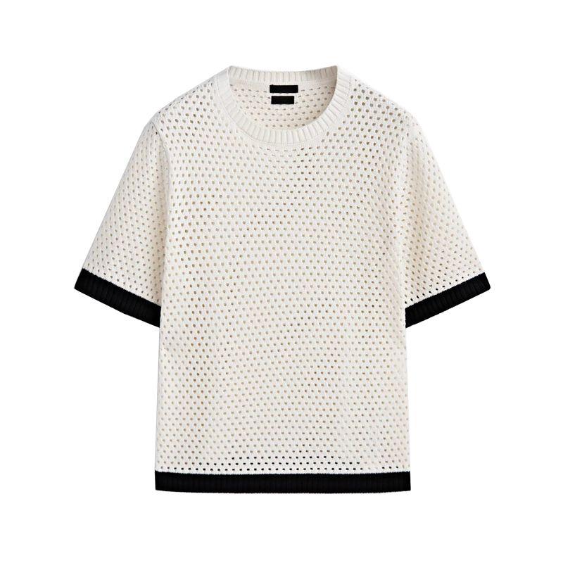 MD Spring New round Neck Work Clothing Plaid Pure Cotton Patchwork Hollow-out Short Knitwear T-shirt 5739683