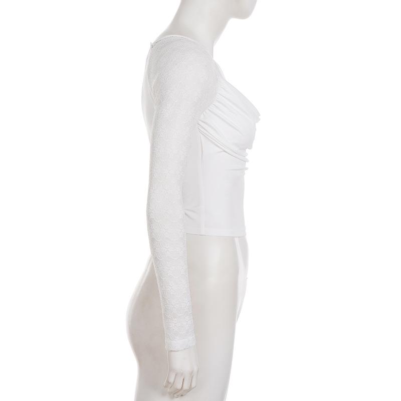 Trendy Spicy Girl Sheer Long-Sleeve Lace Patchwork T-Shirt