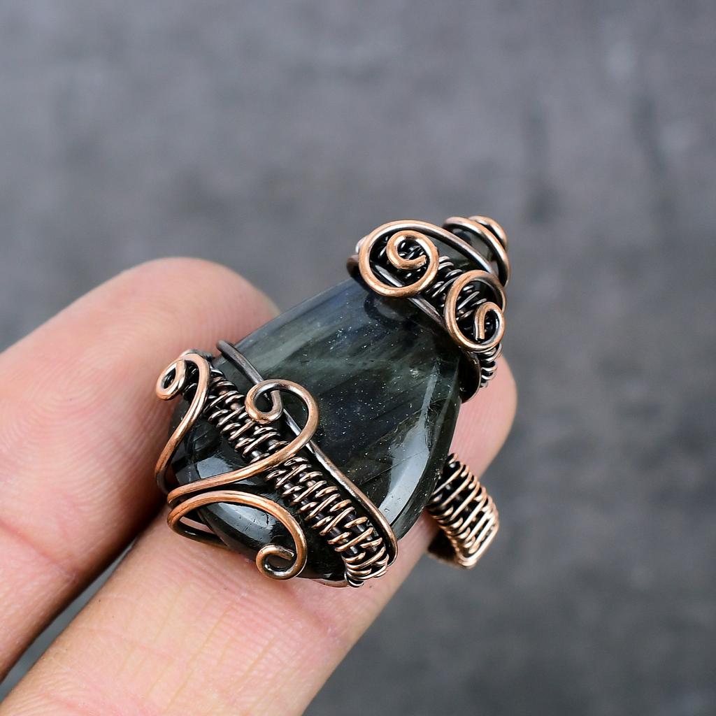 Natural Labradorite Gemstone Copper Wire Wrap Gift Jewelry Ring Size 9 C3L50