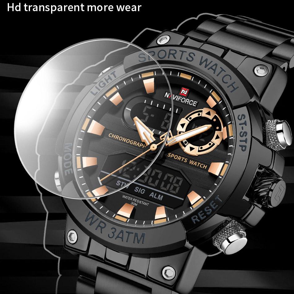 Naviforce Oryginalny Zegarek Męski Wyświetlacz Cyfrowy Kwarcowy Kalendarz Zegarek na Rękę Pasek ze Stali Nierdzewnej Luminous Wodoodporny Modny Zegarek Męski NF9237
