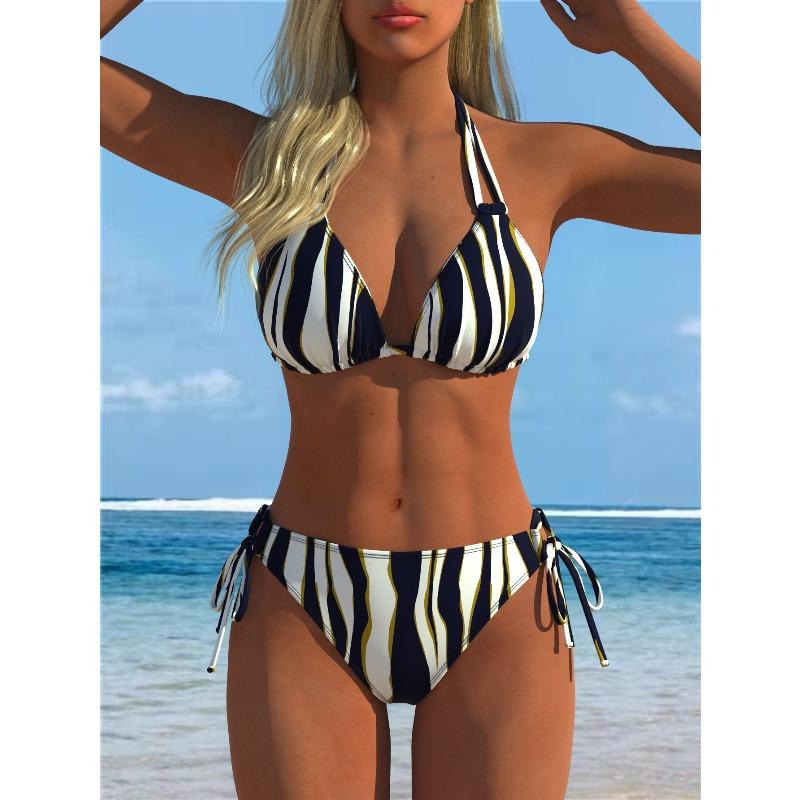 2026 New European and American Split Printing Splicing Neck Women's Split Swimsuit Bikini Suit Sexy