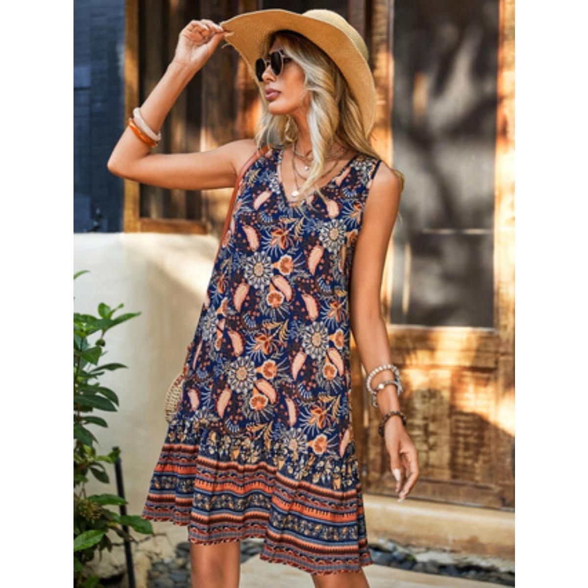 

Boho Summer Sleeveless Printed Beach Dress for Women, Elegant Casual Vacation Dress for European American Markets S тёмно-синий