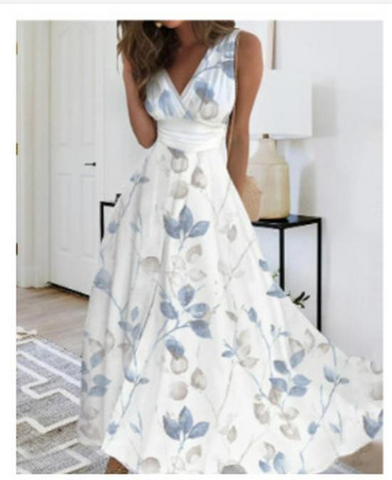 2023 Women's Summer V-Neck High Waist Sleeveless Printed Dress