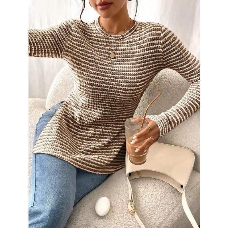 Womens Striped Long Sleeve Crew Neck Slim Fit Knit T Shirt