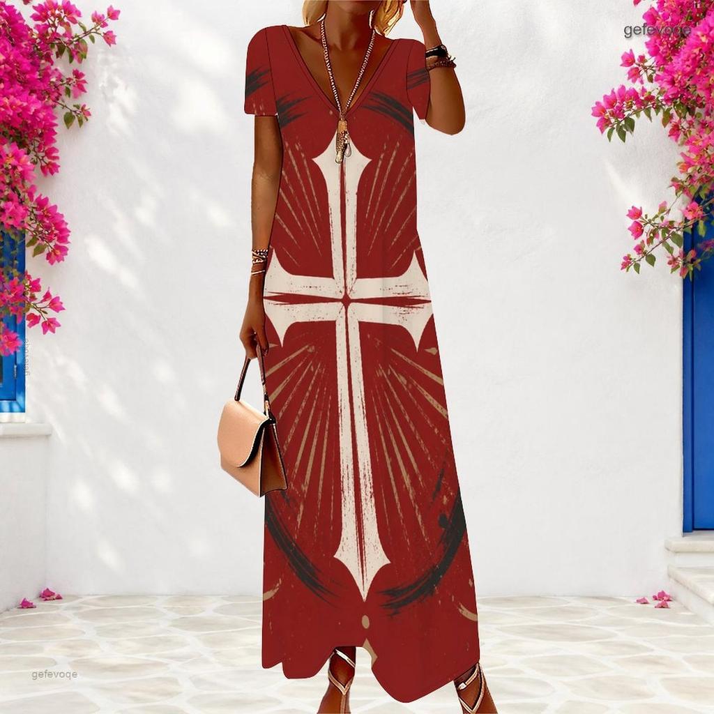 Women Plus Size V Neck Short Sleeve Star Swirl Printed Long Dress Red Blue White