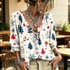 Women's Christmas Print V-Neck Blouse with Ruffle Trim - Casual Holiday Top