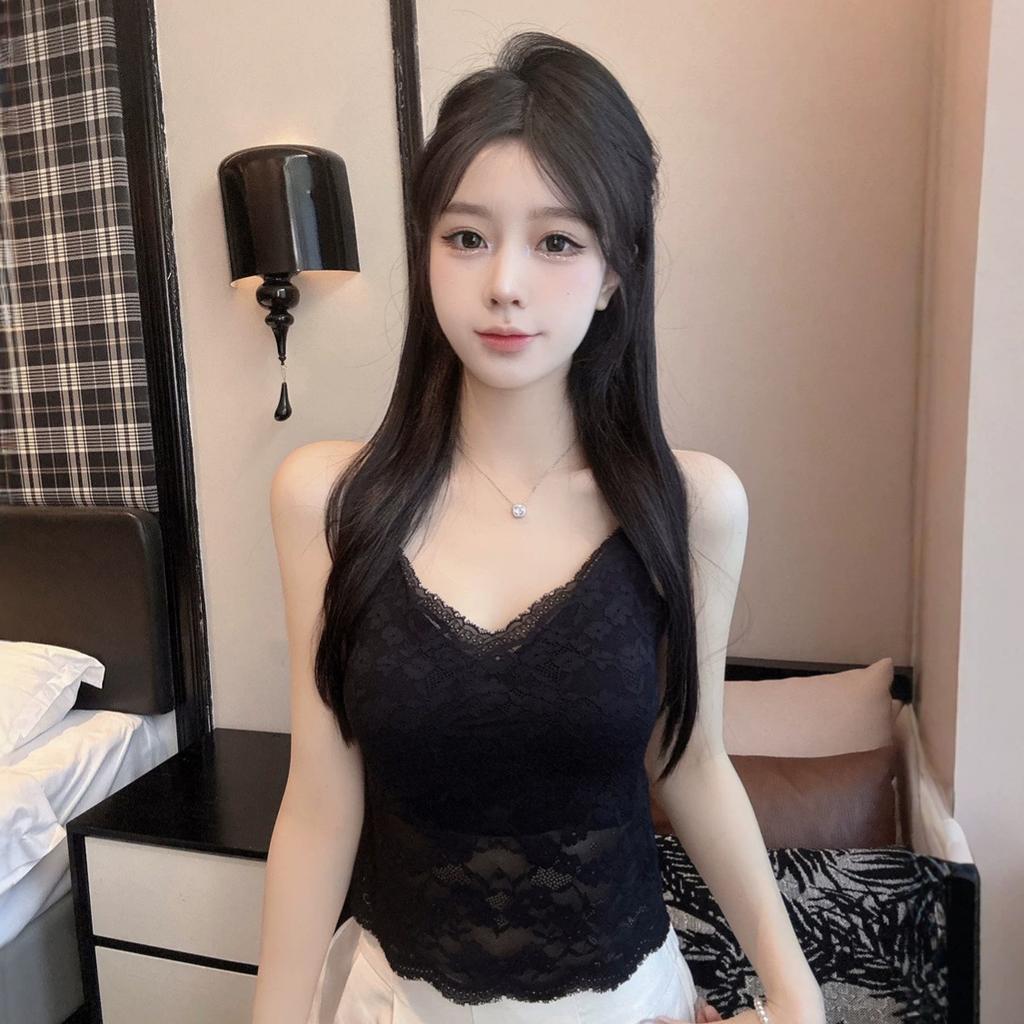 #Summer new pure desire wind V-neck lace dispensing splicing ice silk vest female slim one-piece with chest pad