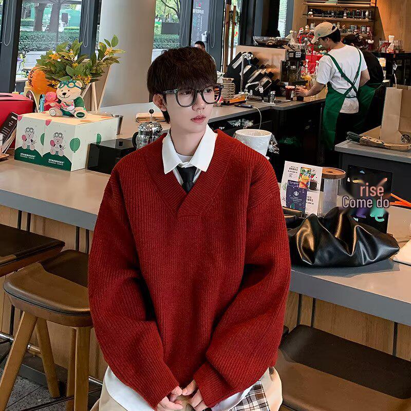 Autumn Winter 2025 Men's Casual Retro V-Neck Cardigan Sweater - Solid Color Knit Outerwear