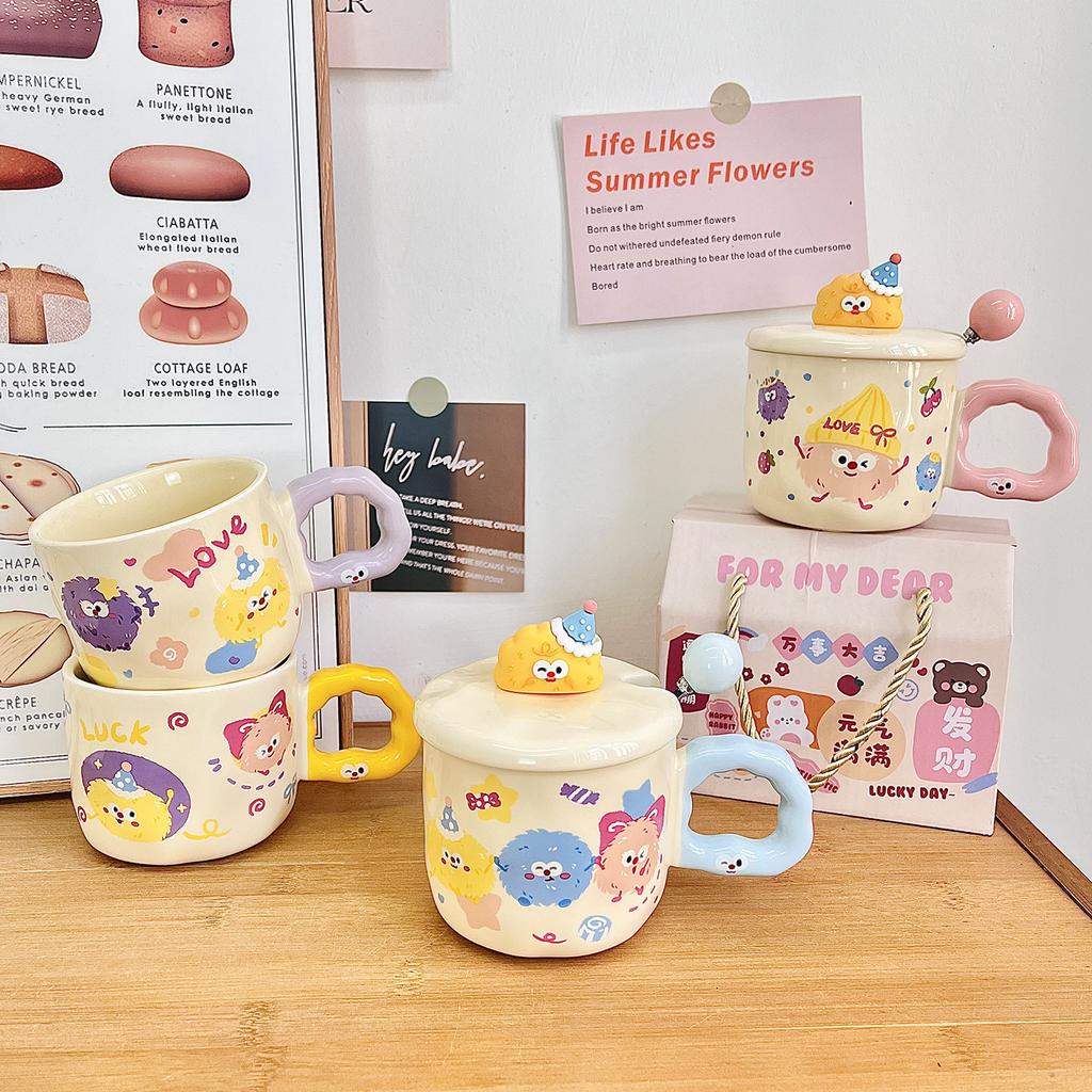 Cute Coal Ball Mug With Lid Spoon High Value Girl Heart Cup Ceramic Couple Water Cup Girl Birthday Gift