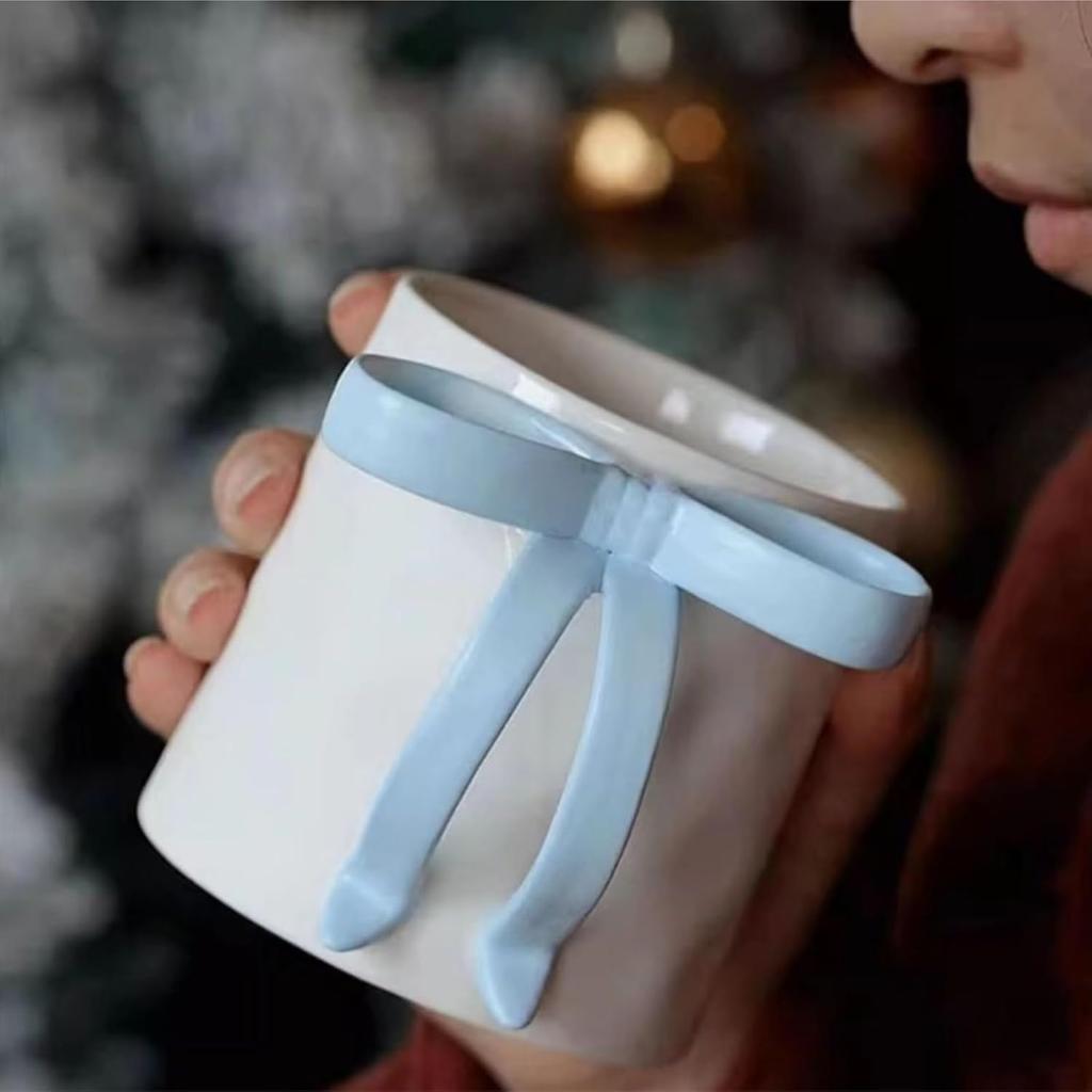 300ml Large Coffee Mug with Handle Tea Cup Novelty Versatile Durable Coffee Tea Mug with Bow Design,Thoughtful Gift(Blue)