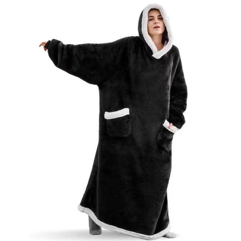 Women's Extra Long Flannel Christmas Pajama Robe with Vertical Pocket and Lazy Blanket Set - Thickened for Warmth