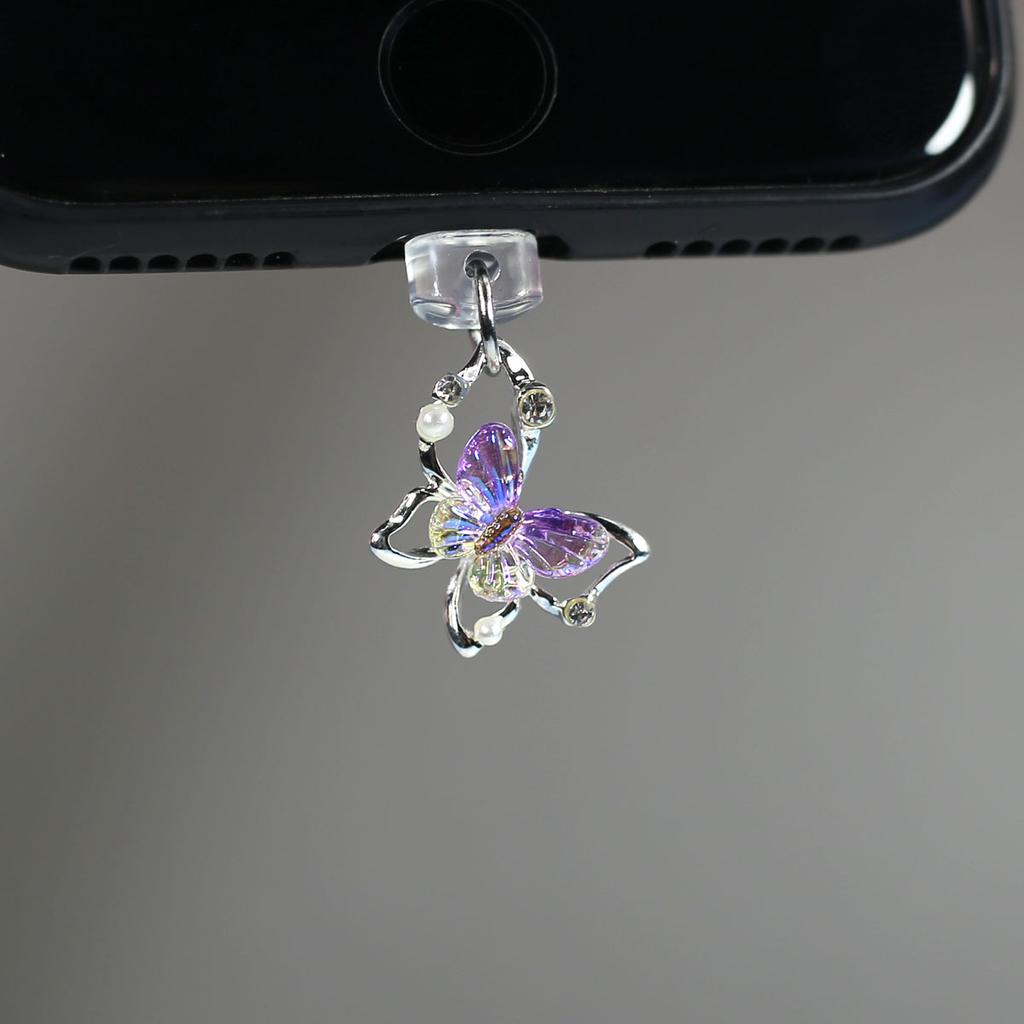 Mobile Phone Dust Plug Pendant New Butterfly With Artificial Pearls And Diamonds Accessory Decoration For IPhone Type-c Port