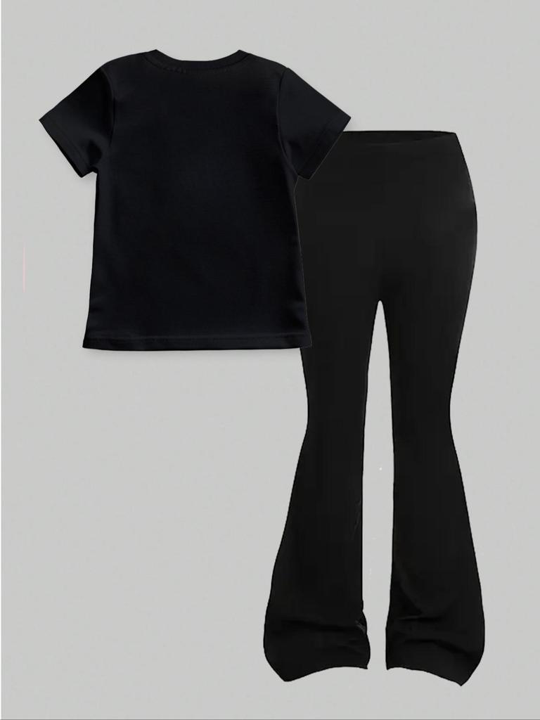 Îmbrăcăminte pentru copii Costum cu mânecă scurtă pentru fete, pentru vârstele 4-12 ani, Set drăguț cu urs, Top cu mânecă scurtă regular și pantaloni evazați, Set din două piese