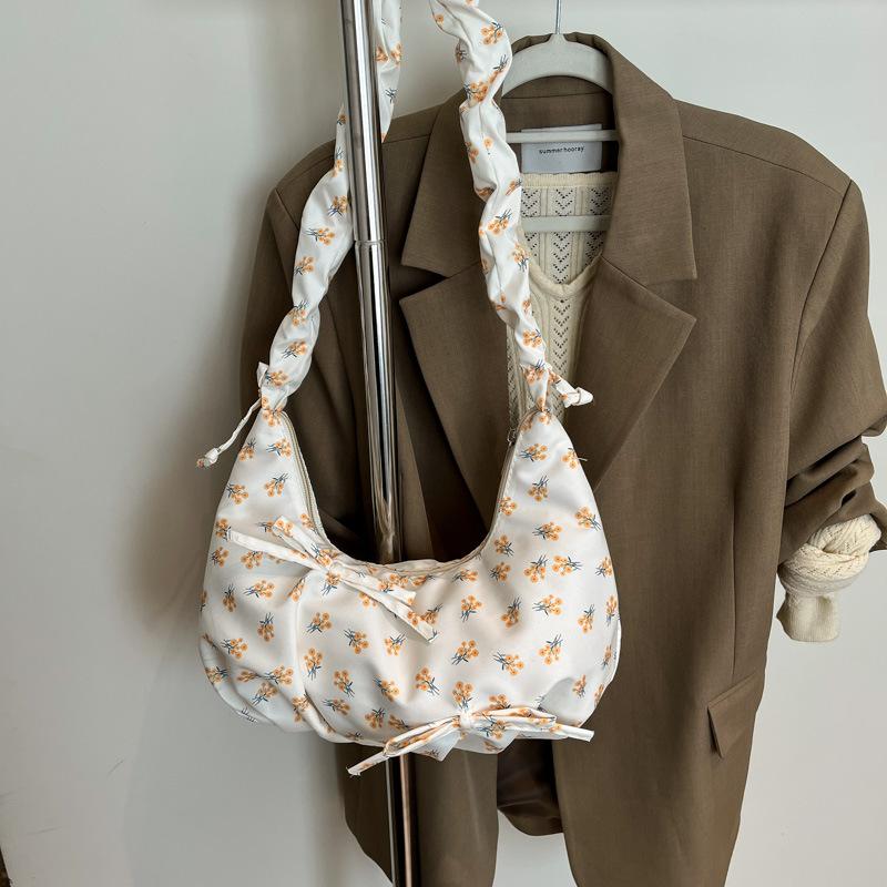 Bow floral pleated cloud bag women's small fresh high-value shoulder underarm bag casual messenger canvas bag bag