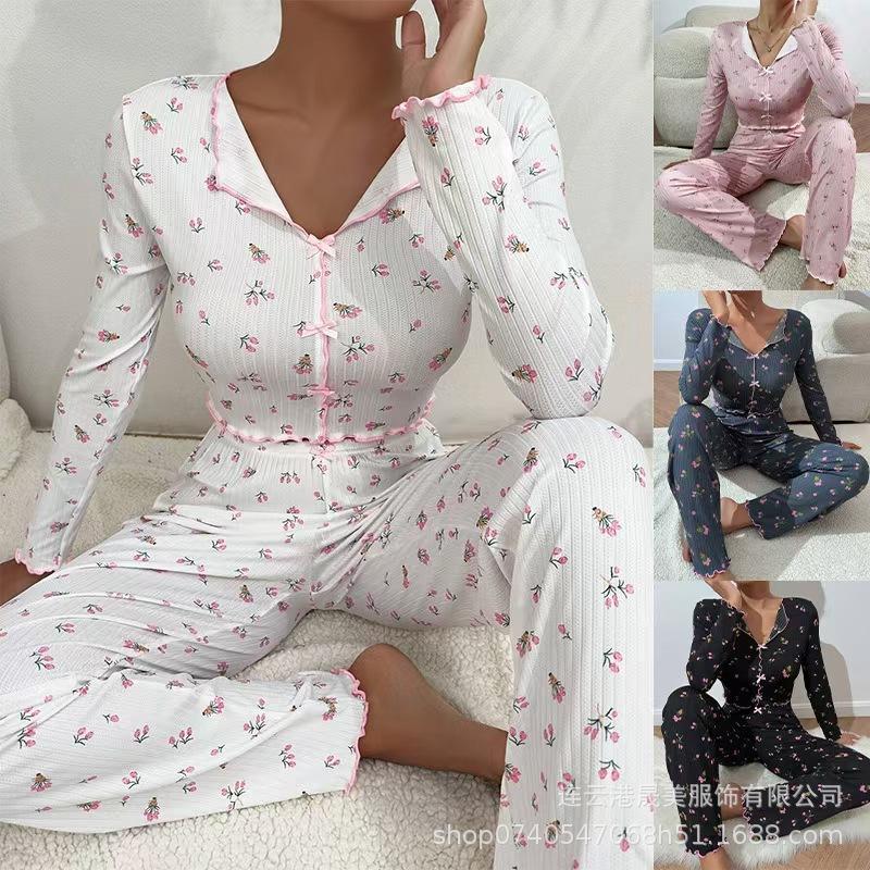 Homewear Casual Flower Printing Trousers Long-sleeved Two-piece Set European and American Can Be Worn Outside Women's Pajamas