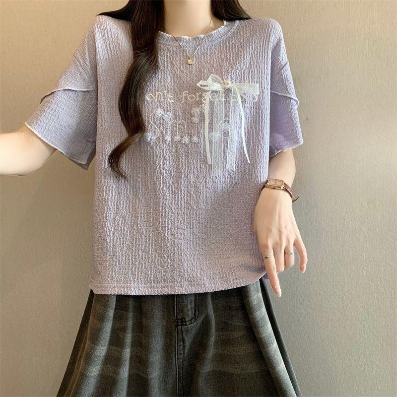 Women's Embroidered T-shirt Ladies Short Sleeved T-shirts with Letter Bow Design Korean Style Loose New Trendy Famale Crew Neck Top
