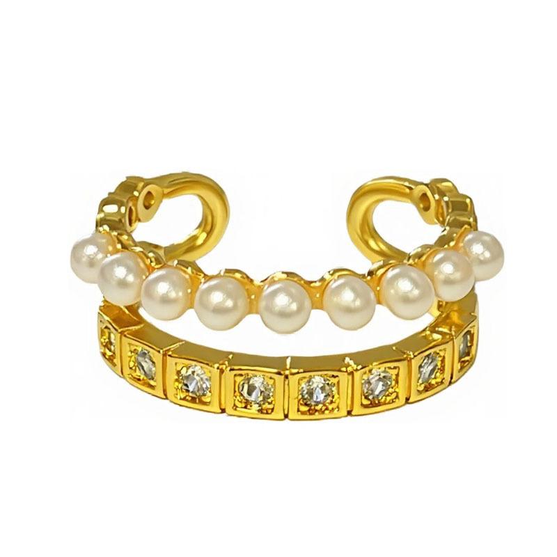 Double-layer Pearl Bright Zircon Ring Female Niche Design Sense Dream Weaving Picture Scroll Light Luxury Retro Exquisite Fashion Ring