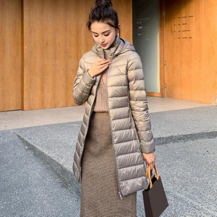 Women Plus Size Winter Down Coat Slim Fit Mid Length Hooded Windproof Warm Padded Long Sleeves Solid Color Zipper Closure