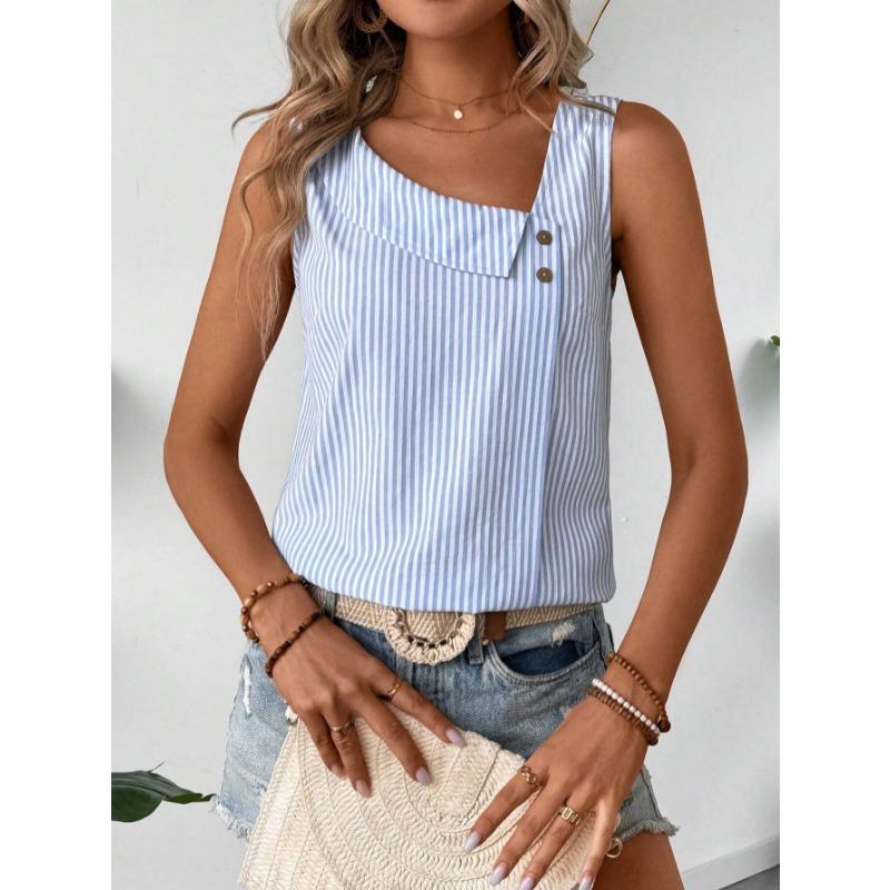 Ärmellose Gestreifte Schräger Halsausschnitt Damenbluse Neues Damen Casual Lockeres Oberteil Einfach Elegant Mode Süßes Büro-T-Shirt Streetwear Knöpfe Kleidung