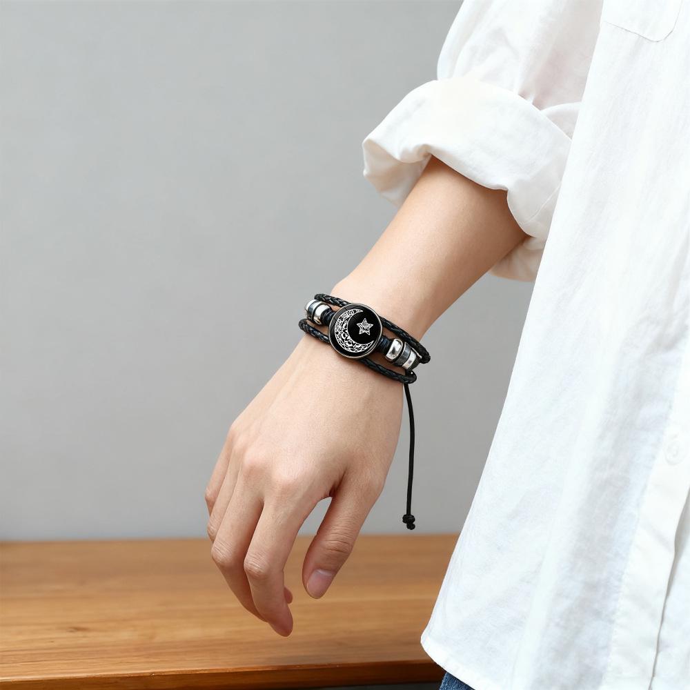 Luminous Sun and Moon Lovers Leather Bracelet - Vintage Punk Multilayer Beaded Design, Ideal Couple Gift