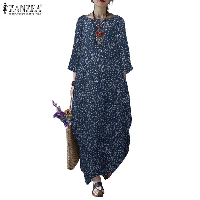 ZANZEA Women Floral Print Casual Round Neck 3/4 Sleeve Cotton Dress