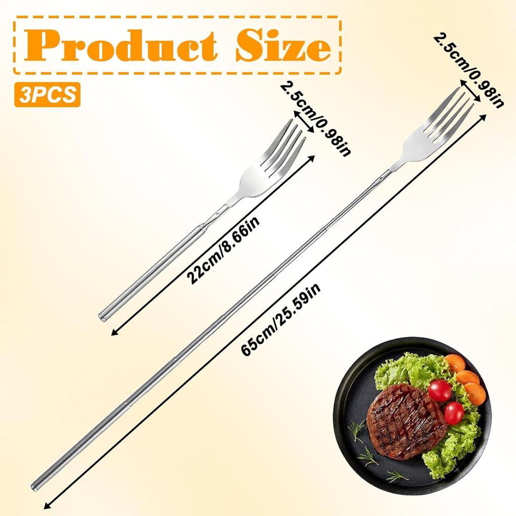 3 PCS Extendable Forks, Extension from 8.7" to 25.5" Telescoping Fork, Stainless Steel Long Forks for Eating, Adjustable Retractable Dinner Fork for