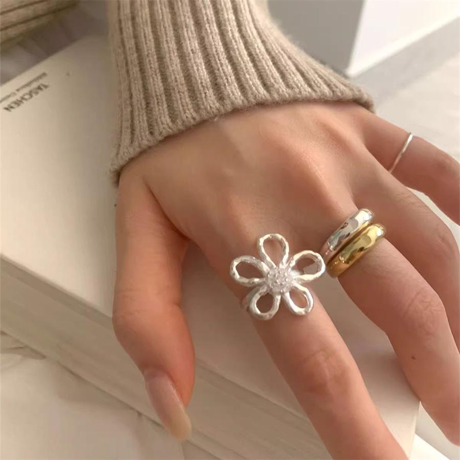 S sterling silver large flower ring heavy industry temperament exaggerated ring versatile open index finger ring