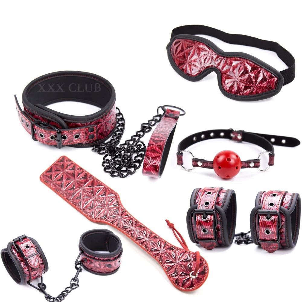Red Black 6Pc Spanking Paddle Gag Cuffs Collar Blindfold  Kink Fetish Kit  Starter Kits