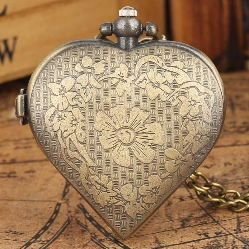 Romantic Heart Shape Quartz Pocket Watch Bronze/Silver/Black Necklace Pendant Chain Ladies Watch Souvenir Gifts for Girls Women