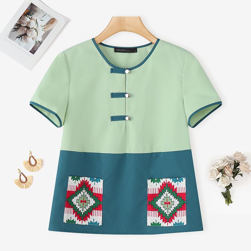 ZANZEA Women Casual Round Neck Short Sleeve Ethnic Print Blouse