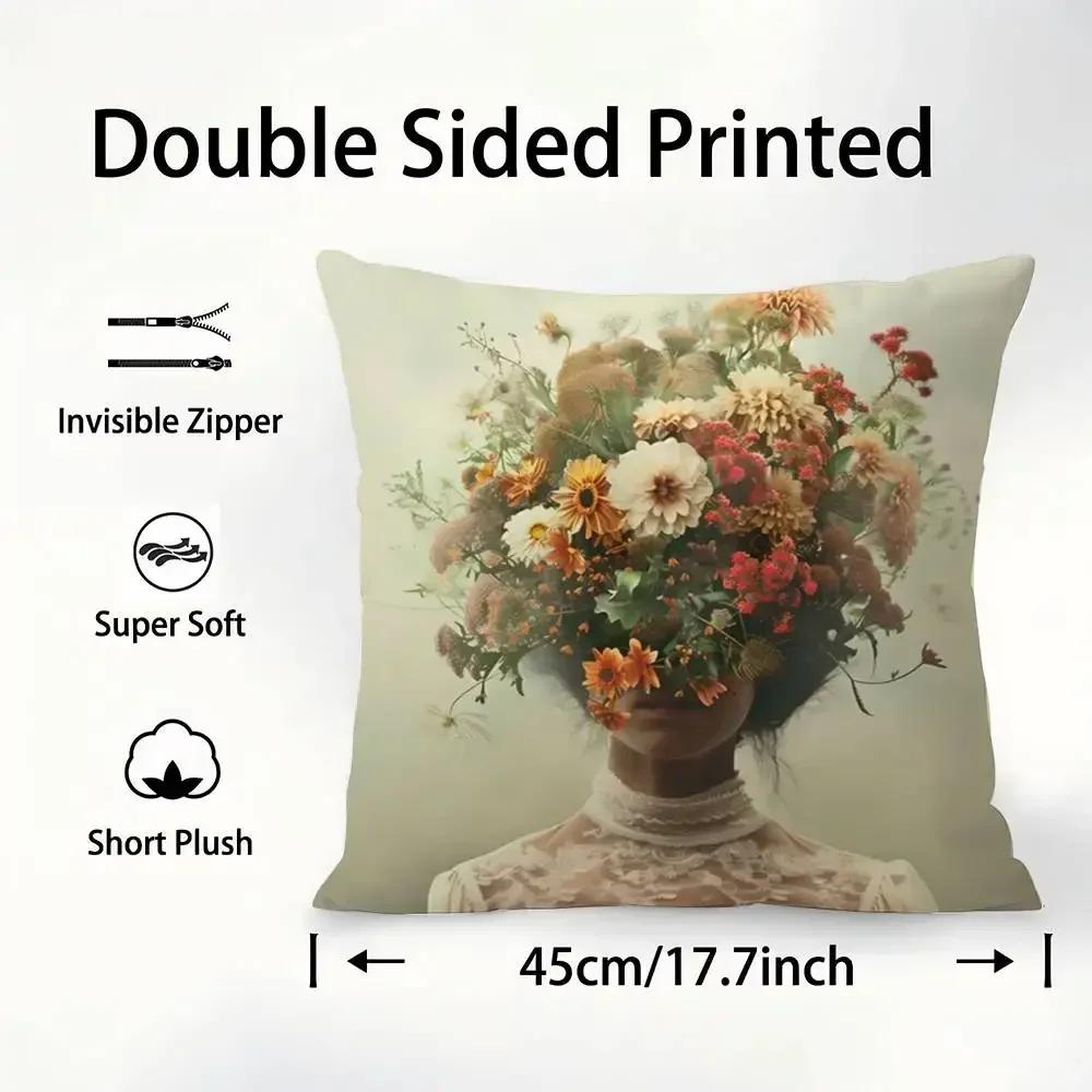 Art Flower Women Pillow Case Plush Fabric Soft Pillowcase Double Sided Print Sofa Cushion Cover Throw