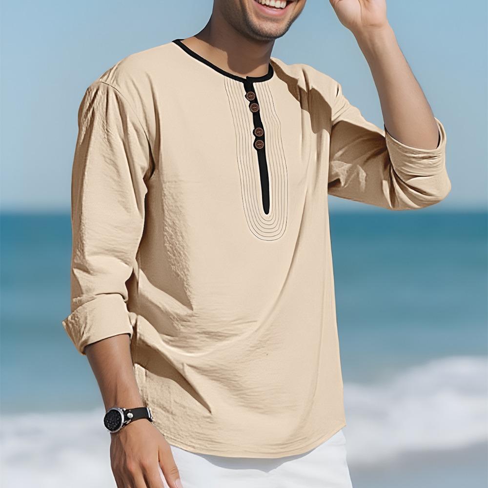 Pánské módní tričko s límečkem henley 95% len s dlouhým rukávem podzimní volné ležérní prošívané tričko pánské oblečení