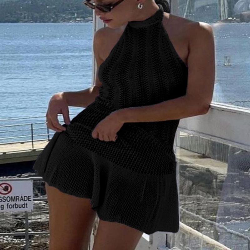 Evropsko-americké sexy plážové šaty s volánovým lemem, halterové na zavazování, průsvitné