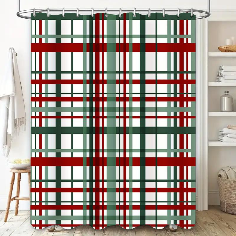 Green Red Striped Shower Curtain For Bathroom Decor Plaid Bath Mat Set With Hook Rings (180 X 180Cm)