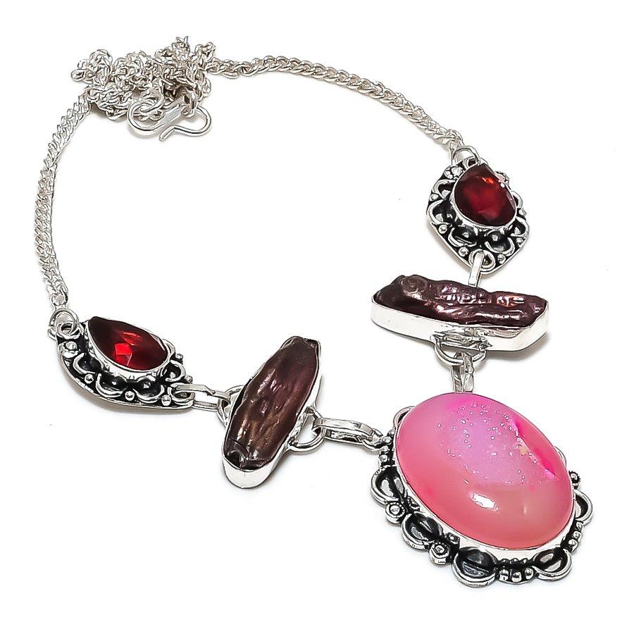 Pink Botswana Druzy, Garnet Gemstone 925 Sterling Silver Necklace 18"
