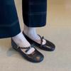 Sheepskin version~ retro shallow mouth one-word buckle bow single shoes flat leather one-pedal Mary Jane shoes women