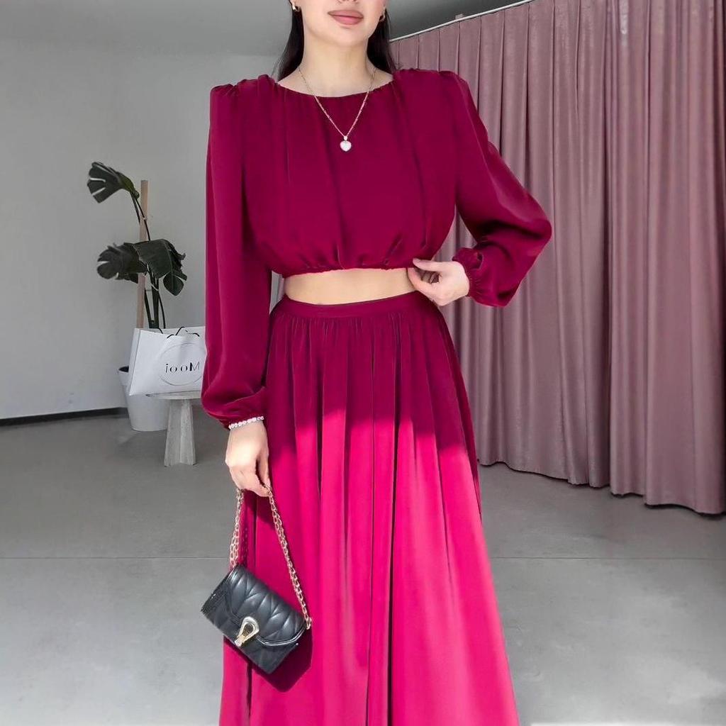 Herbst 2025 Damen Rundhals Langarm Top & A-Linien Rock Set