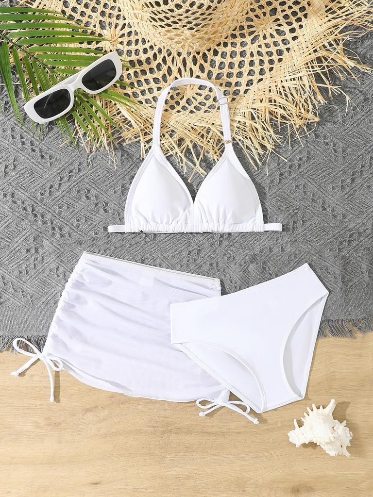 2025 Cute Girls' Three-Piece Bikini Swimsuit with Chest Pads for Middle and Older Children