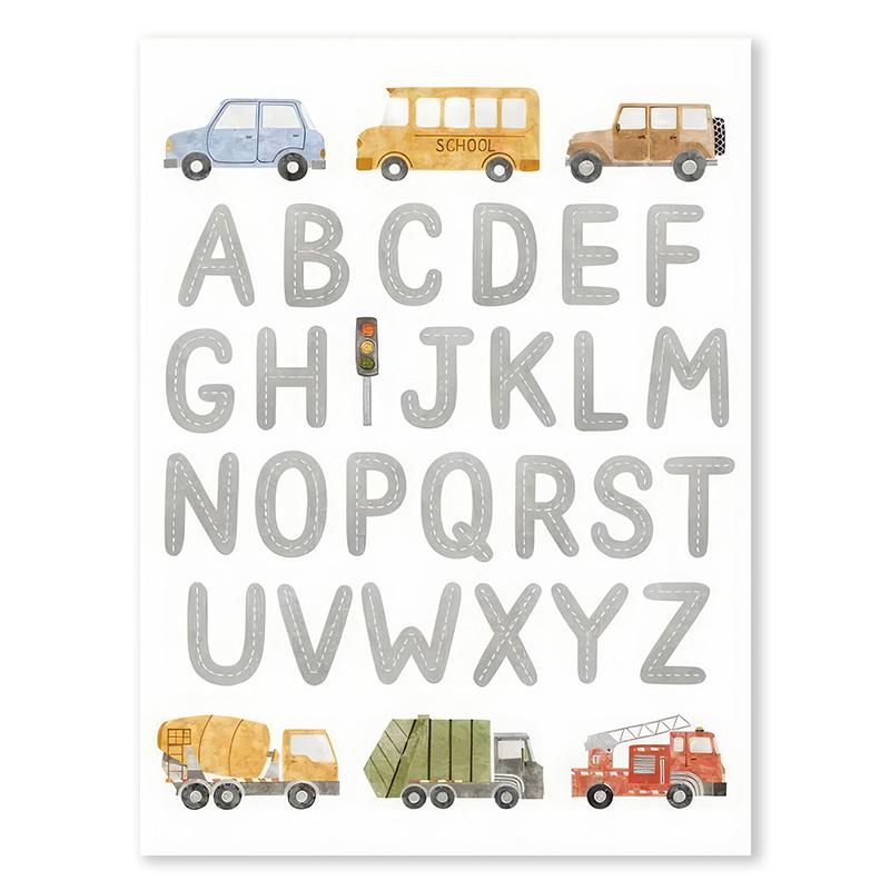 Alphabet Taxi Fire Truck Bus Wall Art Posters Prints Picture Nordic Kids Room Cartoon Cars Canvas Painting Nursery Bedroom Decor