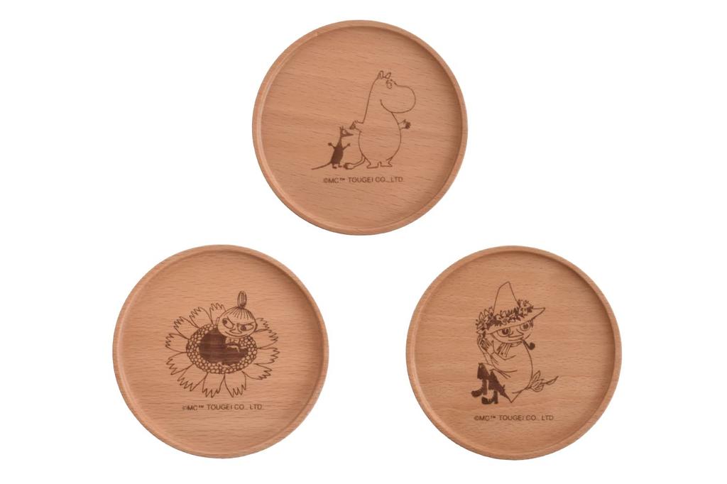 TOUGEI Wooden Coasters (Moomin, Little My, Snufkin) Set of 3, Natural Wood, Moomin Series
