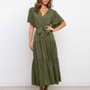 Women's Casual Fashion Color V-neck Lace-up Flared Sleeve Splicing Dress