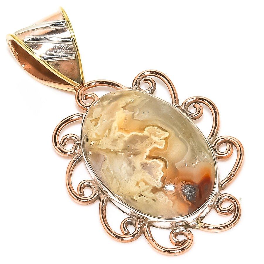 

Подвеска из натурального кружевного агата Crazy Lace Agate в двух тонах из цельного стерлингового серебра 925 пробы 1,50 дюйма L0z85