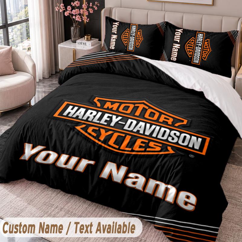 Harley-Davidson Printed Bedding Set Custom Name Text 1 Duvet Cover 2 Pillowcases For Bedroom